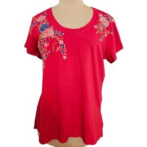 New Caite Lucy Tee Red Embroidered Floral Top Large 100% Cotton Boho High Low